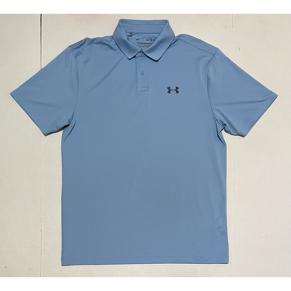 Under Armour Polo Shirt Mens Medium Blue Solid Golf Performance Loose Fit